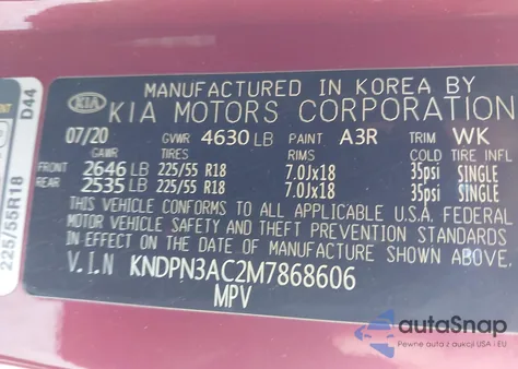 2021 Kia Sportage Ex z USA, uszkodzony, nr VIN KNDPN3AC2M7868606